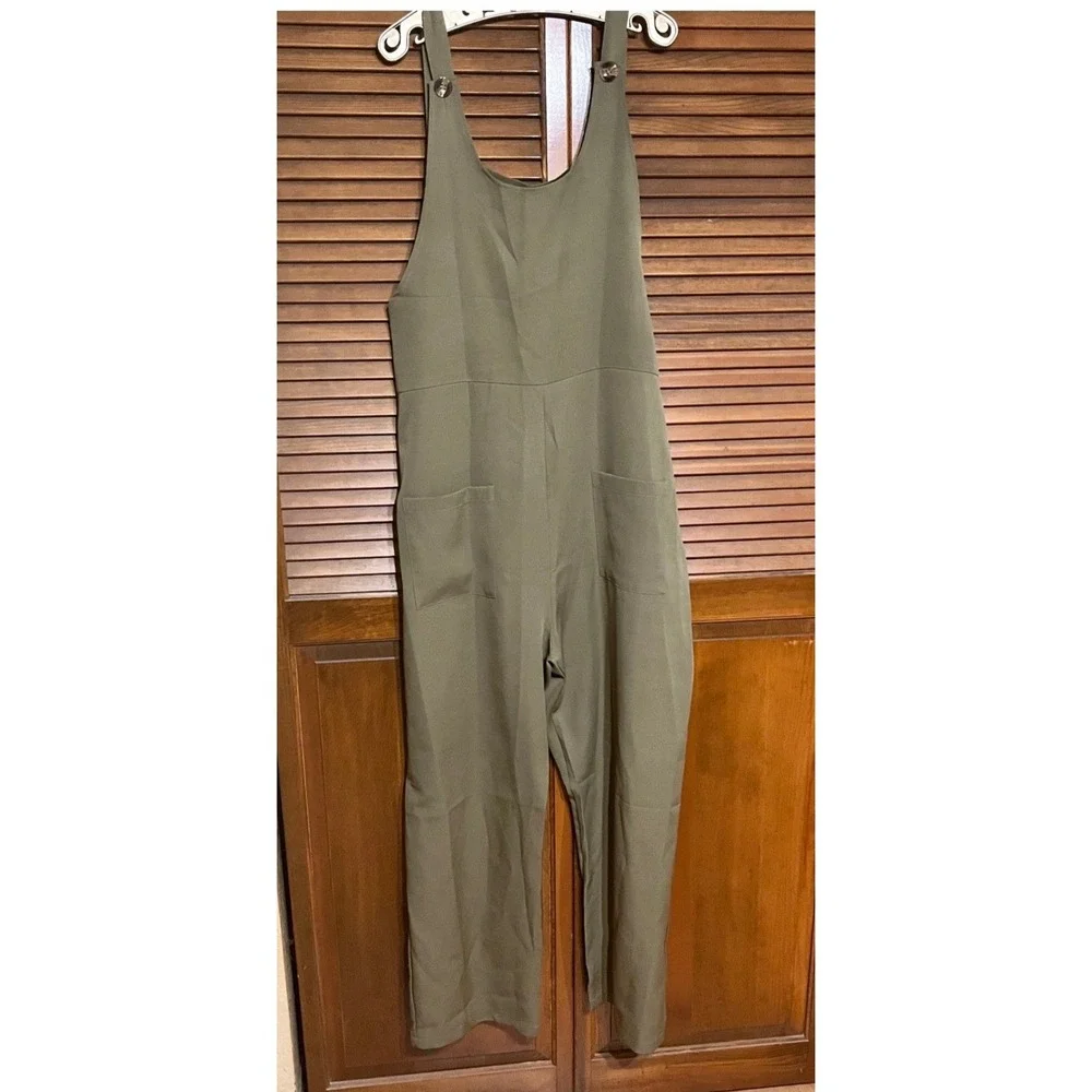 Womens Olive Green Wide Leg Overalls Jumpsuit 2X Cotton Blend Square Neck Pocket - Picture 1 of 8
